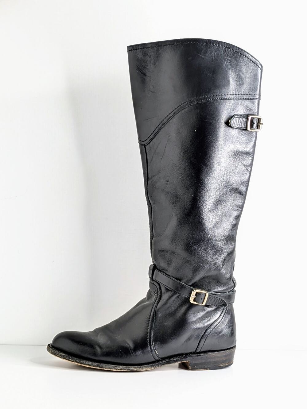 Frye Dorado Tall Riding Boots 9 Black Leather Pull On Knee High Flat Spain